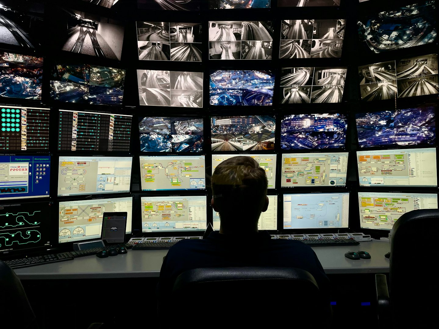 Operatore che monitora molti schermi di computer in una sala di controllo buia.